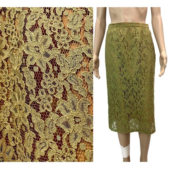 50s 60s Rockabilly Chartreuse LACE Pencil Skirt W 27" - Picture 1 of 9